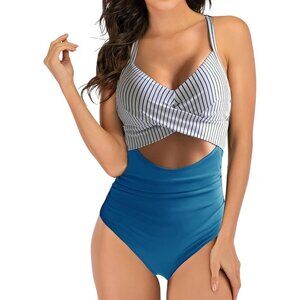 Striped Twist-Front High-Waist One-Piece Swimsuit Blue & White S Eomenie